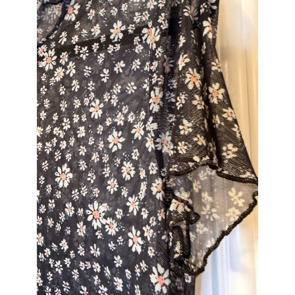 Love Fire Black Daisy Floral Sheer Mesh Mock Neck Mini Dress 90s Gothic - L